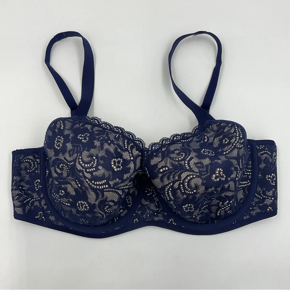 Soma EUC Enticing Lift Full Coverage Navy Lace Bra Nude Background 34D - Picture 8 of 16